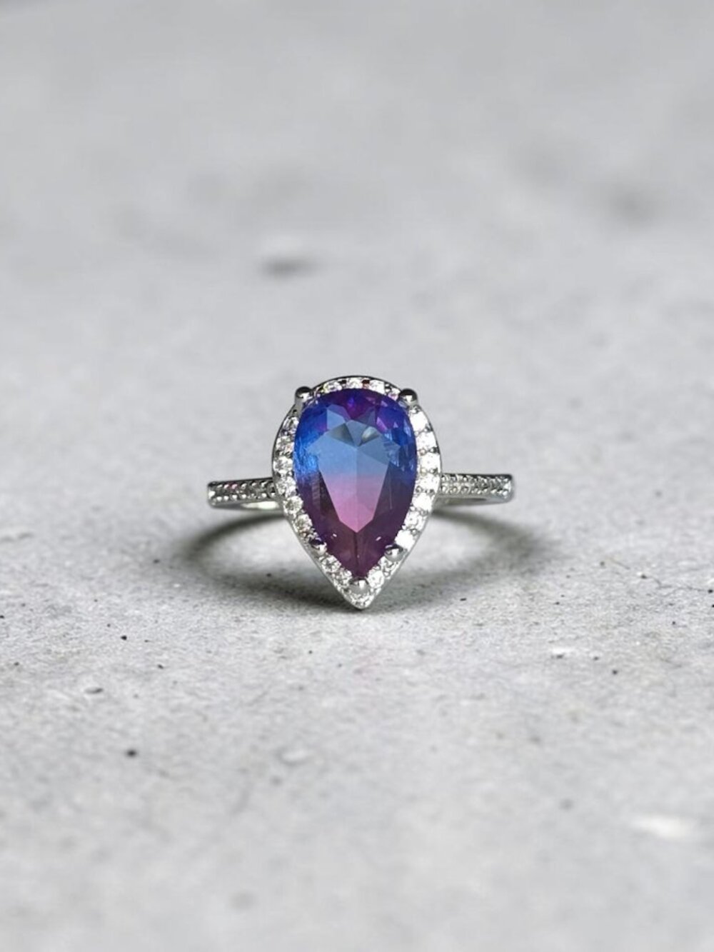 Mystic Rainbow Topaz CZ Pear Halo Ring - Pink-Purple-Blue Ombre - Size 7 NWOT